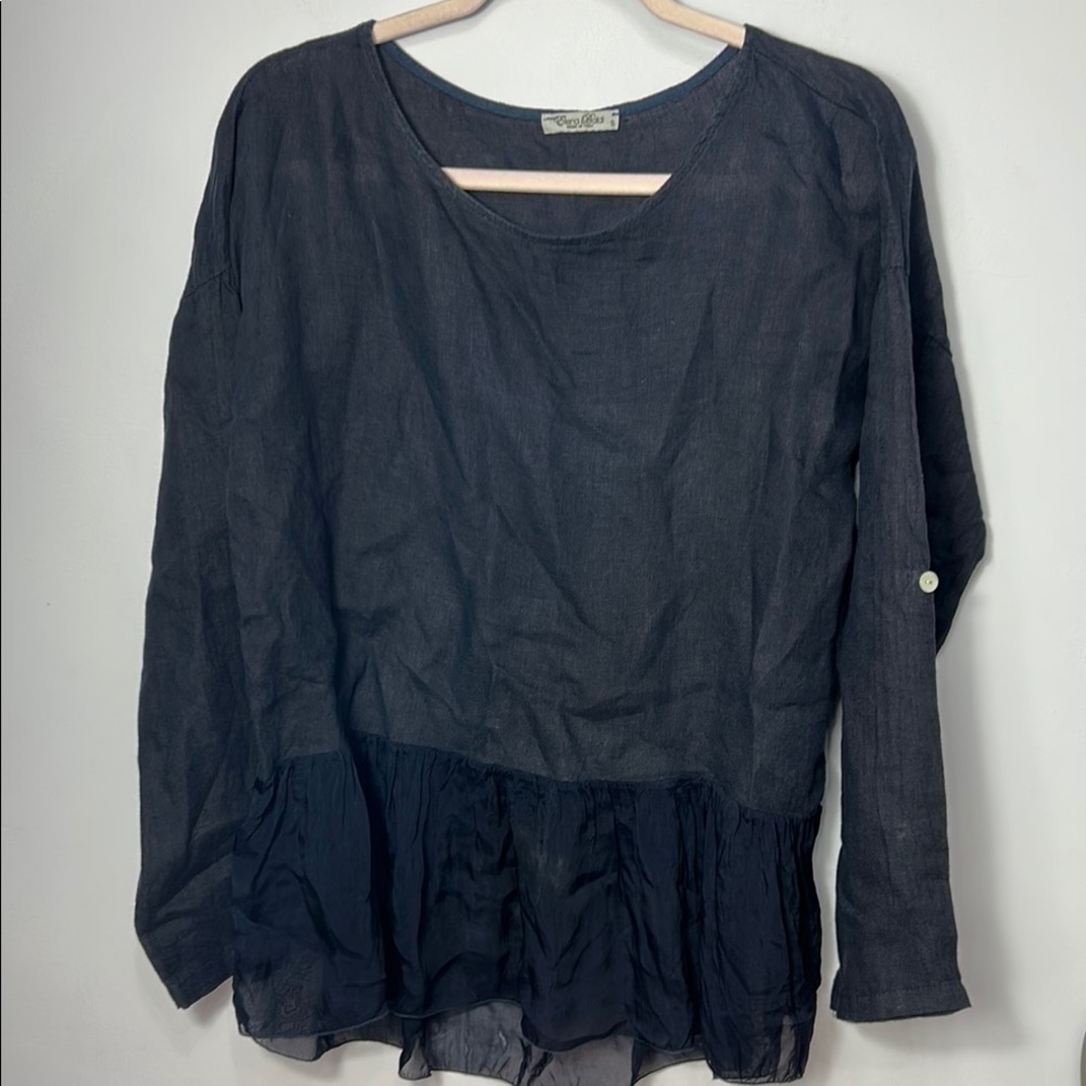 Elena Baldi Navy Linen Silk Blend Flowy Top